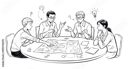 Four Asian business people in a meeting actively discussing a map, pointing and gesturing to brainstorm strategic solutions and plan projects, suitable for illustrating collaboration and