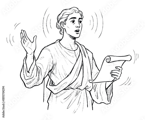 A young male orator in classical robes passionately delivering a speech, gesturing with one hand while holding a rolled document, perfect for themes of public address, historical wisdom, or