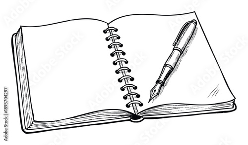 Open spiral notebook with blank pages and a classic fountain pen resting on the right page for writing, journaling, education, or school projects