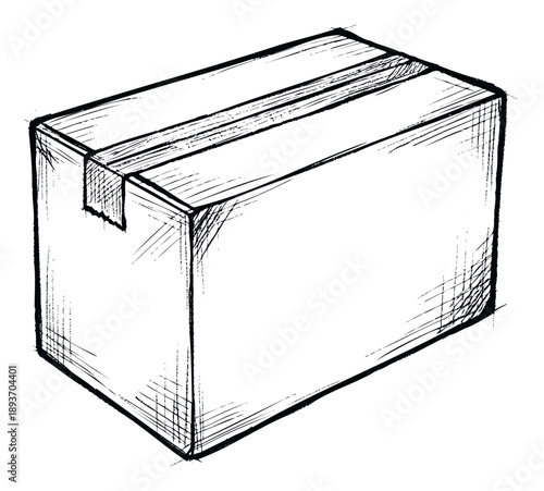 Simple hand drawn sketch of a sealed cardboard shipping box for packaging and delivery purposes, ideal for illustrating logistics, commerce, or storage concepts