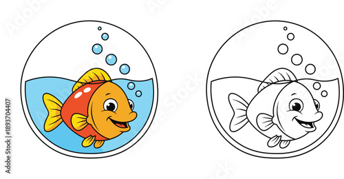 Cute cartoon goldfish in a bowl. Happy fish character vector illustration with black and white outline for coloring book.