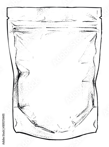 Black and white distressed stand up pouch hand drawn illustration for packaging design, product branding, and consumer goods marketing materials.