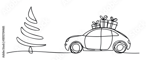 A minimalistic continuous line drawing showcasing a car carrying stacked gift boxes and a Christmas tree, perfect for seasonal greetings, holiday event promotions, or festive decor.