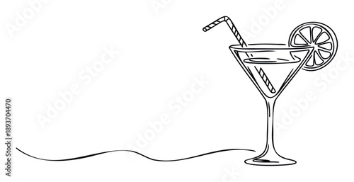 Stylized outline drawing of a classic cocktail in a martini glass with a straw and lemon garnish, perfect for refreshing beverage promotions, menu highlights, and summer event invitations.