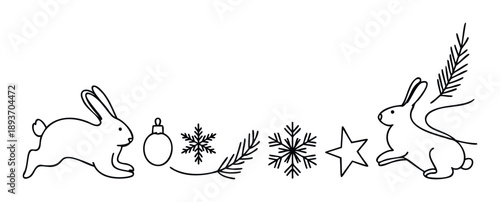 Festive winter animal motif featuring cute outline rabbits surrounded by snow flakes and evergreen branches for holiday greeting cards and seasonal invitations