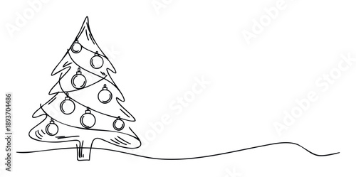 Minimalist continuous line drawing of a festive Christmas tree decorated with holiday ornaments, perfect for seasonal greetings, winter celebrations, and New Year event promotions.