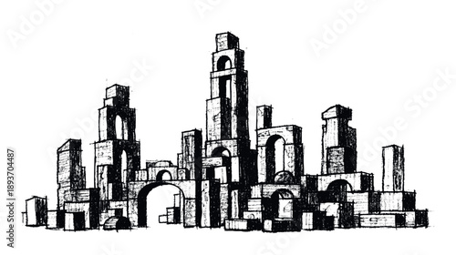 Monochromatic hand drawn architectural cityscape featuring blocky buildings and prominent archways presenting an ancient yet futuristic urban landscape for conceptual graphic resource needs.