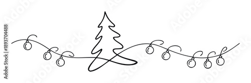 Continuous line drawing of a festive Christmas tree adorned with strung holiday lights, perfect for seasonal greetings, celebrations, and winter holiday decorations.