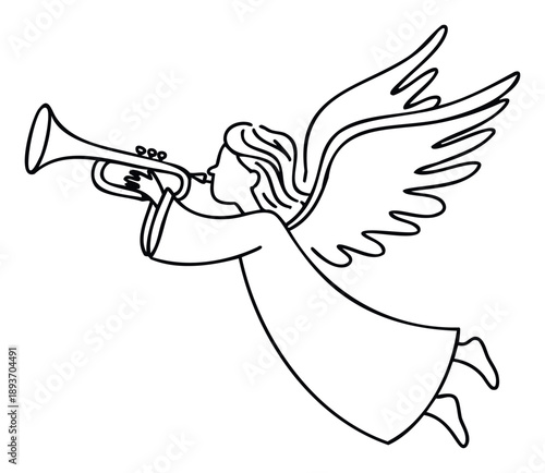 Graceful flying angel playing a melodic trumpet in a simple black outline style providing a versatile visual for religious holiday celebrations or cheerful seasonal event announcements