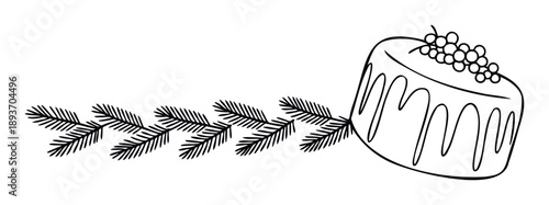 Festive holiday dessert illustration featuring a stylized Christmas cake adorned with red berries and a decorative fir branch, perfect for seasonal greetings and winter celebrations.