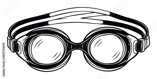 Classic black and white line drawing of vintage pilot aviator goggles or swim eyewear for extreme sports and water activities graphics