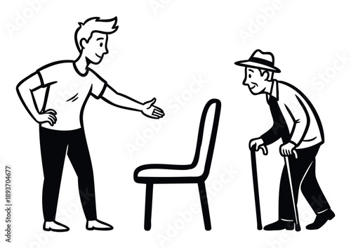 A compassionate young man extends a gesture of kindness by offering a seat to an elderly gentleman using a walking cane, symbolizing intergenerational respect and support for social