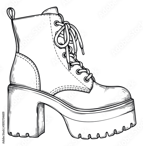 Hand drawn sketch of a womens high heel platform boot with thick sole and detailed lacing, ideal for footwear catalogs and punk rock inspired clothing graphic materials.