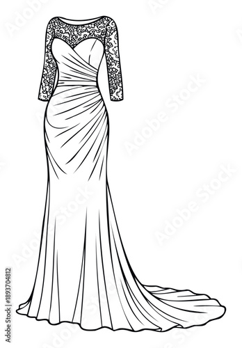 Elegant wedding dress line drawing featuring delicate lace sleeves and a beautifully draped bodice flowing into a luxurious sweeping train for bridal design inspiration.
