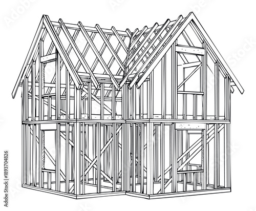 Wood frame construction diagram of a new house showing wall studs and roof rafters ideal for educational materials and home building contractor promotions