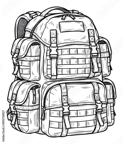 Detailed line drawing of a robust tactical backpack with multiple compartments and sturdy straps, perfect for outdoor adventure and travel equipment brochures.