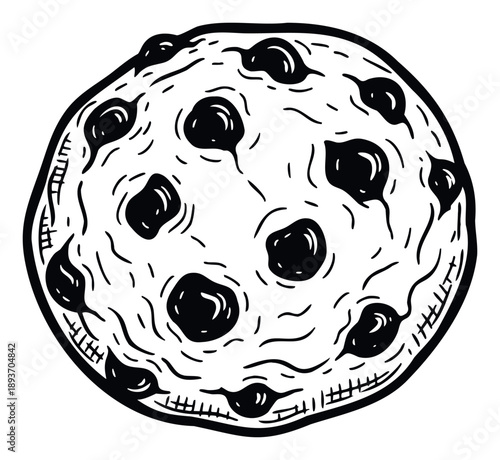 Delicious hand drawn chocolate chip cookie icon perfect for bakery menus, sweet treat advertisements, or snack packaging graphics