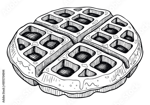 Hand drawn sketch of a Belgian style waffle with syrup for breakfast cafe menus food packaging sweet dessert recipes and culinary publications