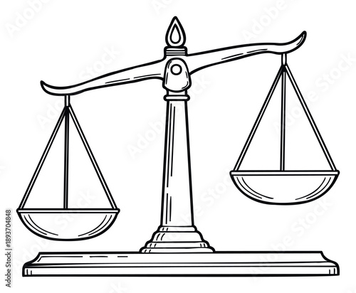 Hand drawn outline of a classic balance scale, a timeless symbol of justice, law, equity, and the careful weighing of decisions, suitable for legal, educational, and ethical themed
