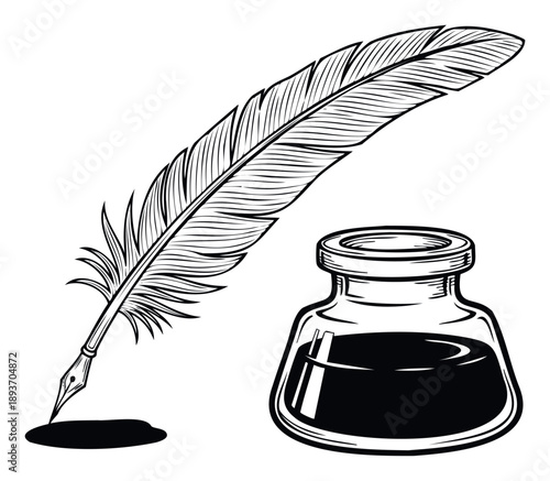 A classic quill pen and vintage inkpot with a fresh inkblot evoke timeless writing and historical knowledge, perfect for educational materials, literary themes, and traditional graphic