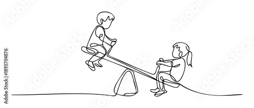Engaging continuous line drawing of two happy children playing together on a seesaw, capturing the essence of childhood fun, balance, and friendship, ideal for educational materials or