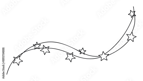 Elegant and whimsical black line drawing featuring a series of outlined stars arranged along a smooth, undulating path, suitable for various creative graphic assets, holiday decorations, or