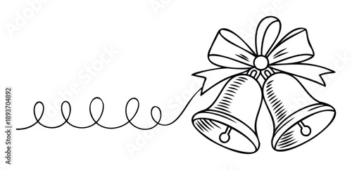 Simple line drawing of two celebration bells with a decorative bow connected by a whimsical coiled line, perfect for holiday greetings and event invitations