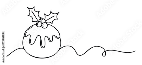 Minimalist single line drawing of a traditional Christmas dessert with frosted topping and holly berries excellent for holiday decorations and festive branding