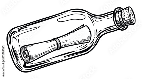 Vintage style drawing of a bottled paper scroll perfect for illustrating lost communication hidden secrets or sea exploration themed visual content