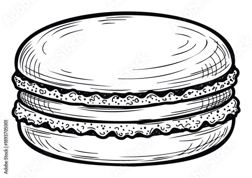 Handdrawn black and white macaroon sketch perfect for bakery menus, sweet treat advertisements, food blog graphics, or dessert shop branding.