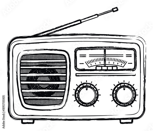 Classic vintage radio receiver with telescopic antenna and tuning dial, useful for media presentations, music history, and sound technology themes.