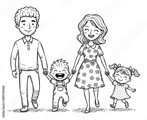 Happy family walking together holding hands, a cheerful scene ideal for projects related to parenthood, childhood, and familial bonds