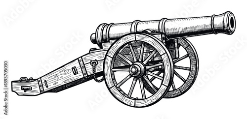 Vintage sketch of an antique field cannon with sturdy wooden wheels, an excellent graphic element for historical military themed projects and educational materials