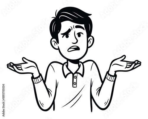 A young man showing confusion with a shrug gesture and worried expression, conveying uncertainty or a question, suitable for communication or problemsolving contexts.