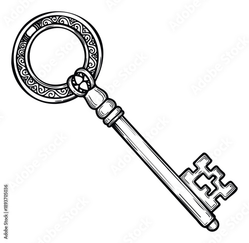 Stylized antique lock opener featuring an elaborate circular top and a unique teeth pattern ideal for magical themed visual stories, security concepts, and adventure projects.