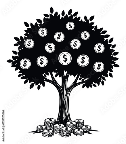 Conceptual money tree bearing dollar coins as fruit and surrounded by currency stacks demonstrating prosperity and wealth accumulation for finance projects and economic topics