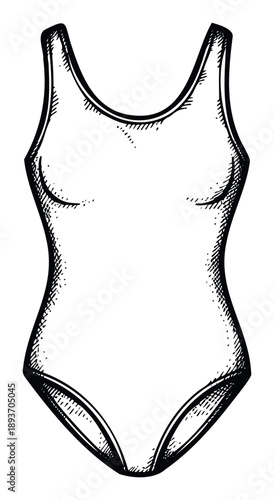 Monochromatic line drawing of a stylish womens onepiece swimsuit for summer apparel collections, beachwear promotions, and clothing branding visuals.
