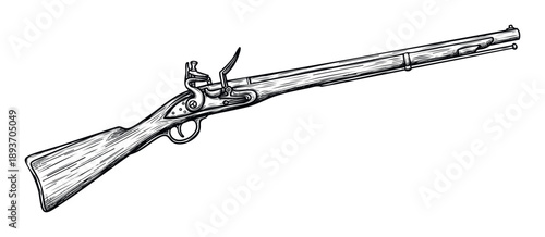 Handdrawn vintage flintlock rifle engraving for historical themed projects and oldfashioned weapon illustrations in educational graphics