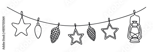 Decorative winter holiday garland featuring hand drawn star shapes, natural pinecones, and a classic lantern, ideal for seasonal celebration materials and festive event promotions.