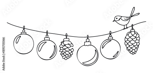 Charming black and white line drawing of a bird perched on a string of festive Christmas ornaments and natural pinecones, ideal for holiday greeting publications, winter season decor, and
