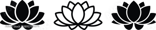 Lotus flower icon set, black and white vector, symmetrical petal design, spiritual symbol, decorative floral graphic illustration