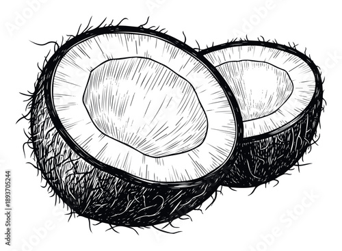 Hand drawn coconut halves with fibrous husks and inner flesh depicted in a precise sketch style for tropical food and natural ingredient designs