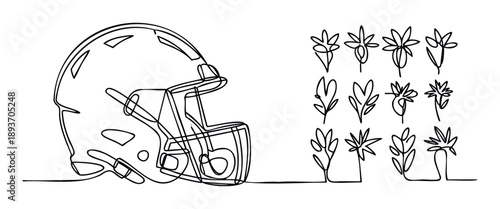 Minimalist continuous line drawing of an American football helmet next to a variety of stylized botanical flora, perfect for sports design, naturethemed branding, or modern decorative
