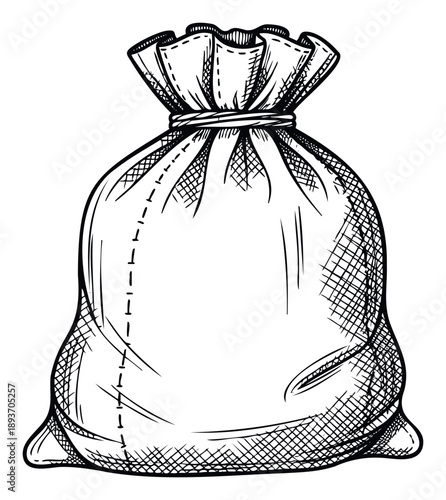 Hand drawn sketch of a rustic canvas bag tied at the top with a string, perfect for traditional packaging designs, festive holiday gift wraps, or general storage metaphors in various media.