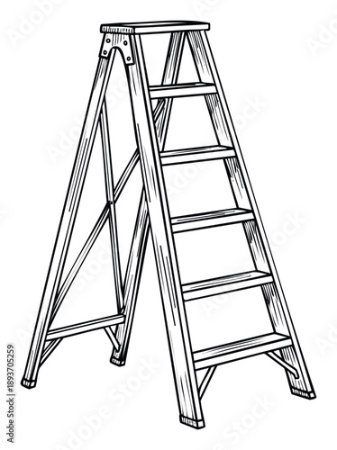 Classic Aframe wooden stepladder handdrawn for home improvement, construction, and repair projects, suitable for hardware store catalogs or safety equipment guides.