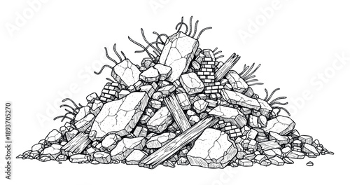 Large stack of construction rubble with broken concrete, bricks, wood beams, and twisted rebar, useful for representing demolition, urban decay, or disaster aftermath graphics