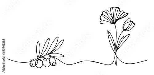 Elegant continuous line drawing featuring an olive branch and a minimalist flower, ideal for sophisticated product packaging, natural branding, or modern stationery applications.
