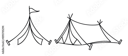 Minimalist line drawings illustrating two distinct outdoor shelters, a traditional camping ridge tent and a festive pole tent with a flag, perfect for adventure publications, event decor,