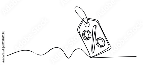 A minimalist single continuous line drawing of a price tag featuring a percentage symbol, perfect for retail promotions, online shopping advertisements, and special offer campaigns.