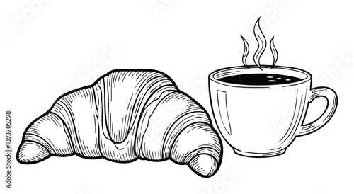 Hand drawn illustration of a classic breakfast combination featuring a flaky croissant and a warm cup of coffee ideal for bakery advertisements culinary publications or digital content